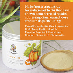 Close-up of ingredient list — herbal whole-food blend for dogs' digestive comfort.