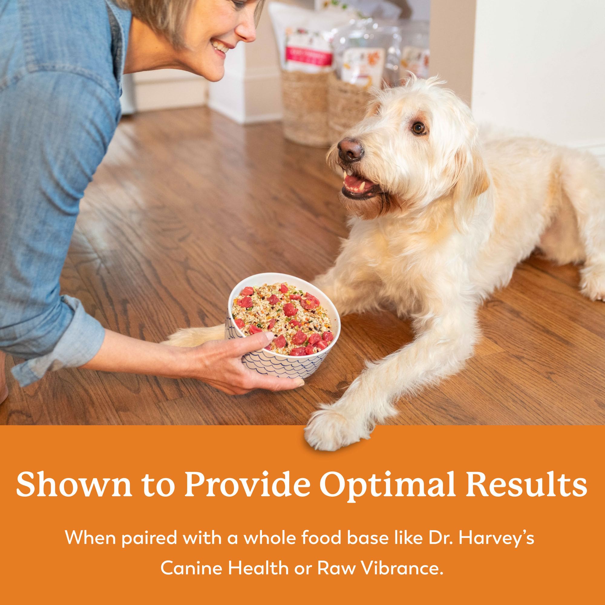 Product label close-up — holistic veterinarian-recommended blend for tummy issues.