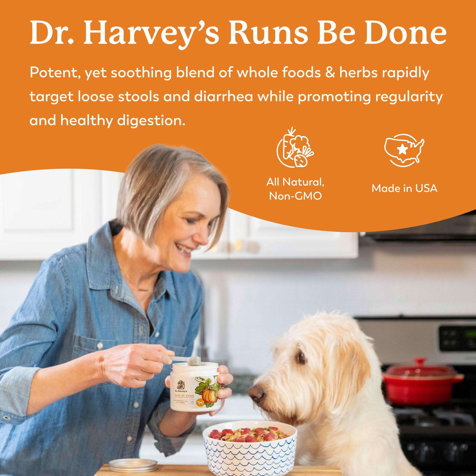 Dr. Harvey's Runs Be Done packaging — Made in USA badge supports quality sourcing.