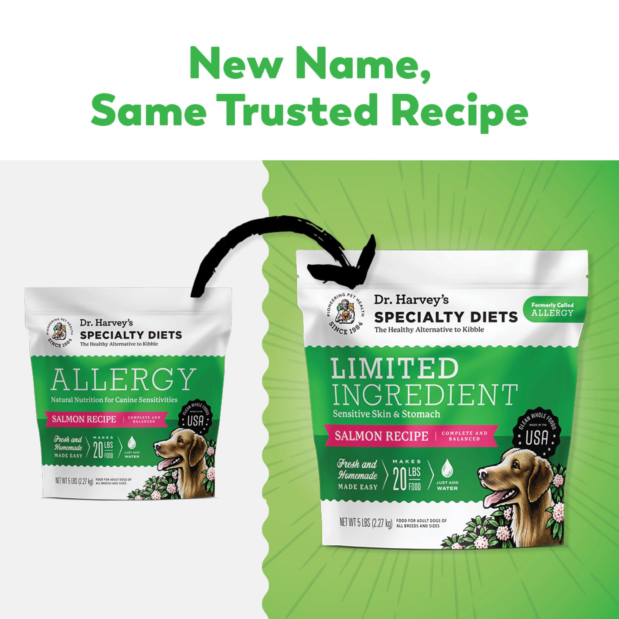 Dr. Harvey's salmon-first-ingredient bowl indicating easier digestion for sensitive dogs.