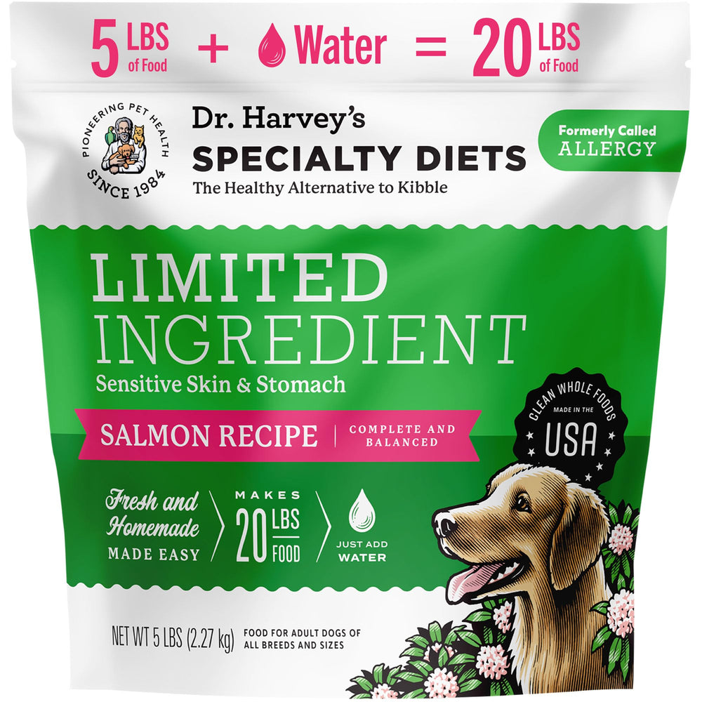Dr. Harvey's salmon dog food bag showing premium limited-ingredient formula.