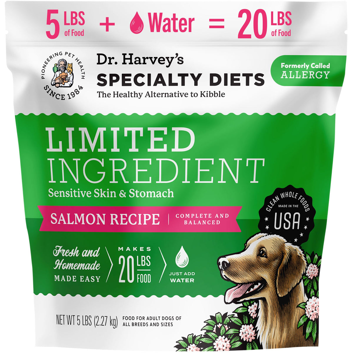 Dr. Harvey's salmon dog food bag showing premium limited-ingredient formula.