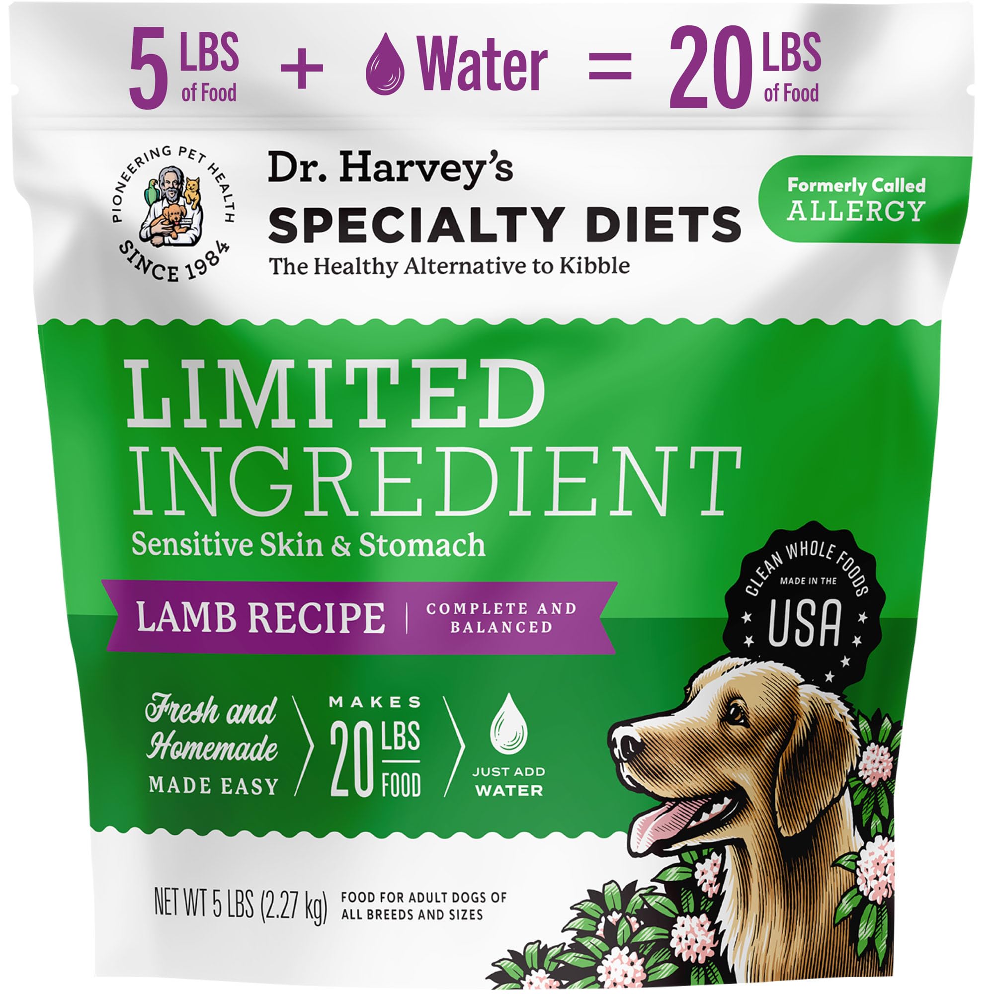 Dr. Harvey's Specialty Diet Lamb Recipe bag, grain-free option for sensitive dogs.
