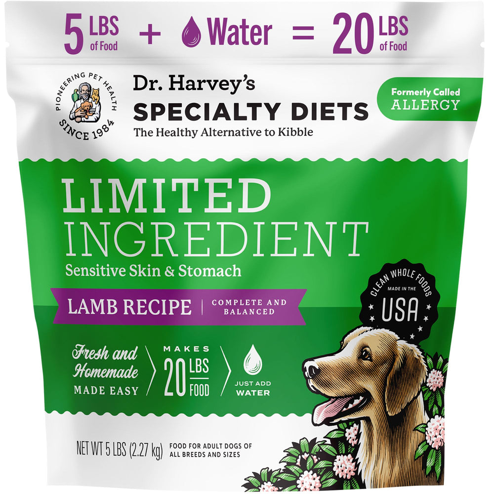 Dr. Harvey's Specialty Diet Lamb Recipe bag, grain-free option for sensitive dogs.