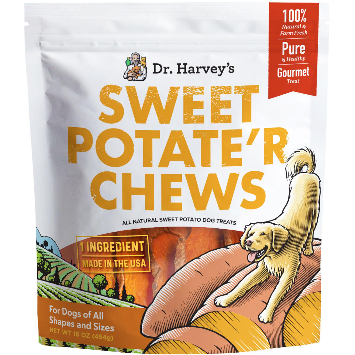 Dr. Harvey's Sweet Potato Chews bag closeup showing USA-grown ingredients.