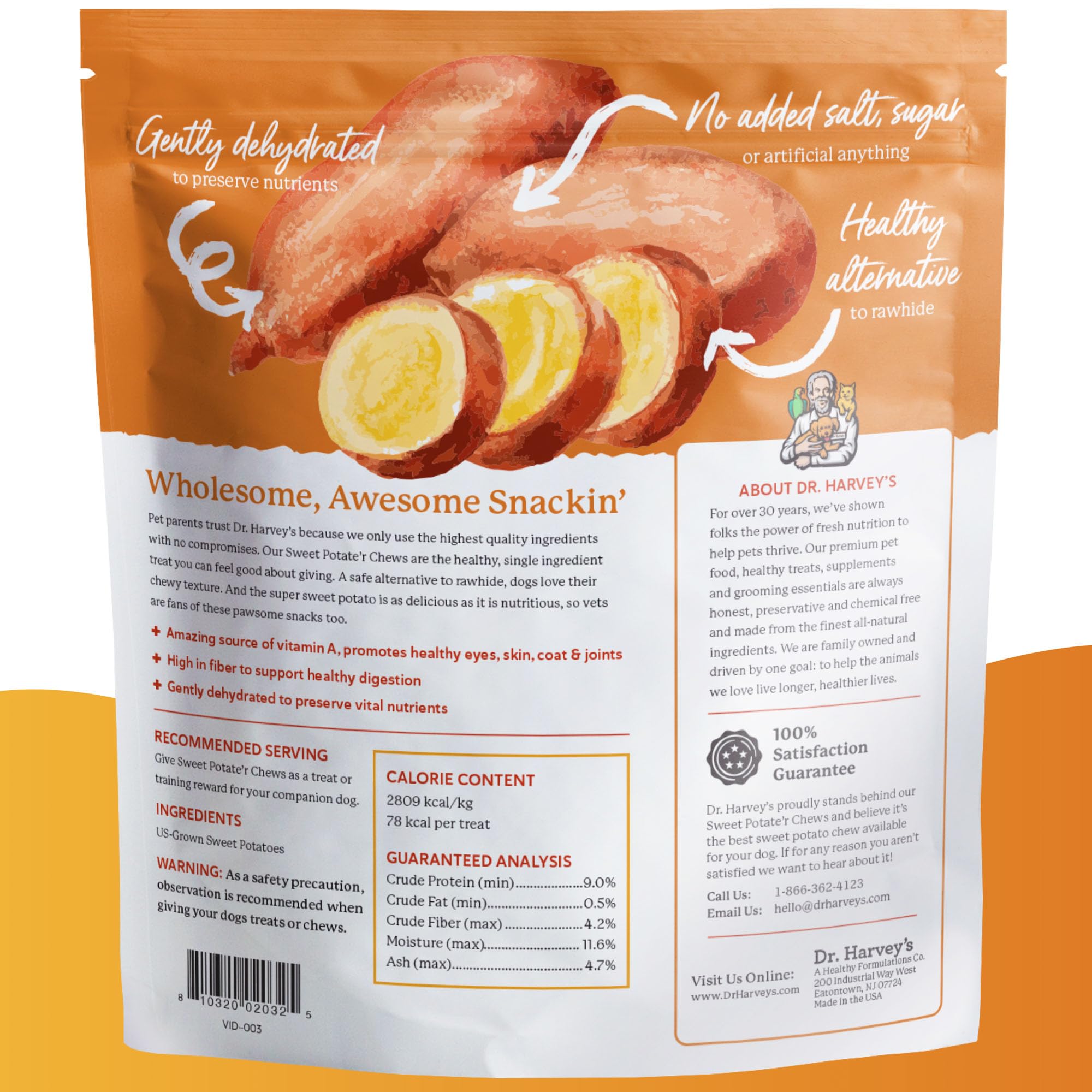 Dr. Harvey's Sweet Potato Chews close-up shows textured chews for satisfying chewing.