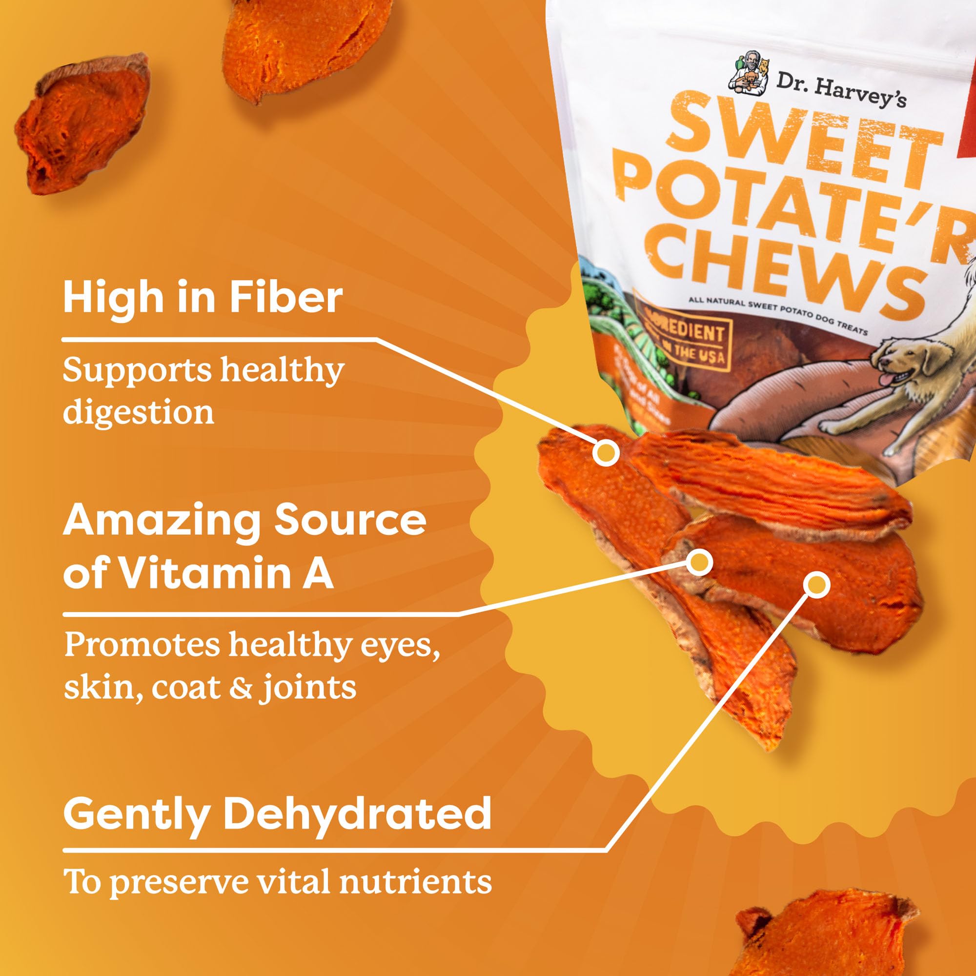 Dr. Harvey's Sweet Potato Chews resealable bag keeps treats fresh longer.