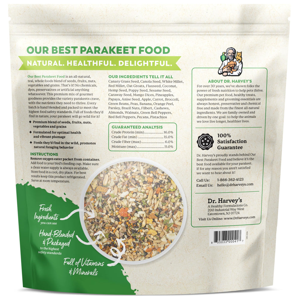 Dr. Harvey's packaged bird food pack image, emphasizing USA farming and no additives.