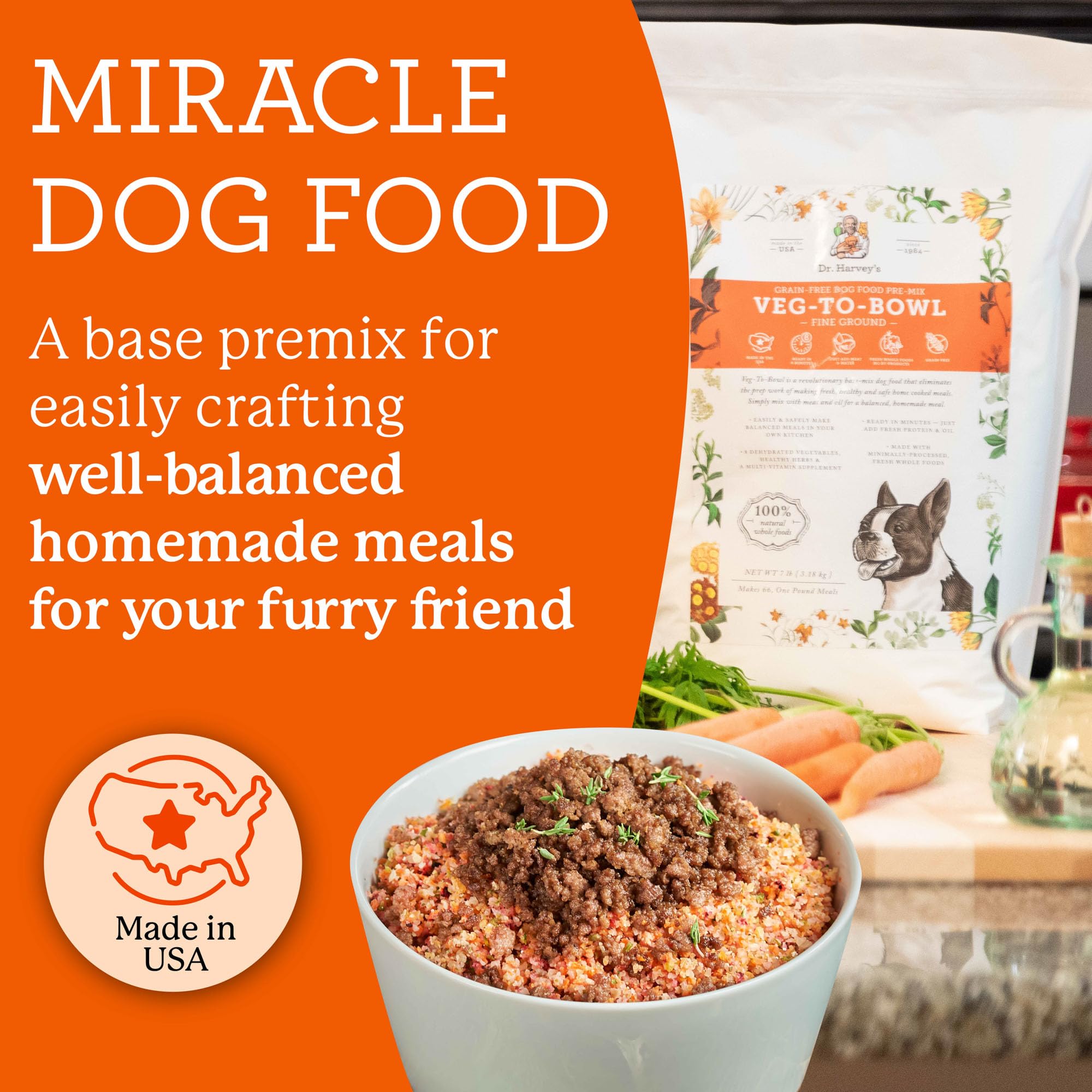 Dr. Harvey's Veg-To-Bowl Fine Ground measuring scoop beside the bag, simplifies portion control
