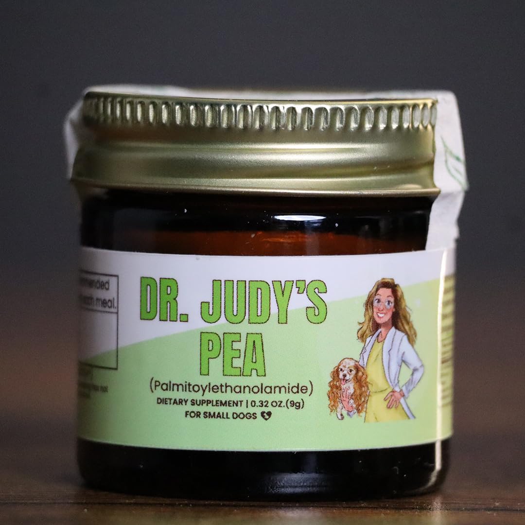 Dr. Judy's Pea palmitoylethanolamide bottle front supports joint comfort for small dogs.