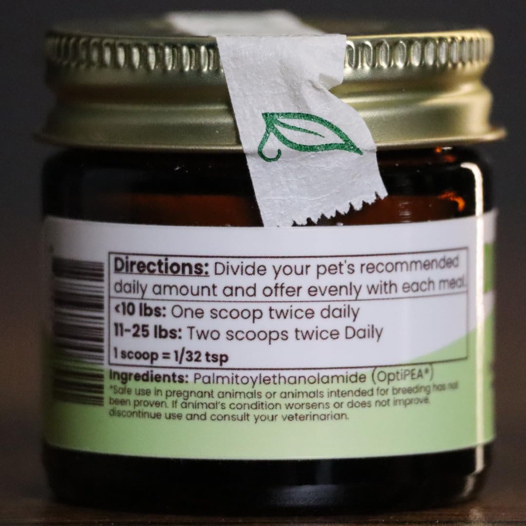 Closeup label of Dr. Judy's Pea palmitoylethanolamide for small dogs.