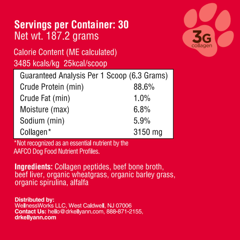 Dog bowl with Dr. Kellyann Bone Broth Meal Topper, grass-fed beef recipe for joints.