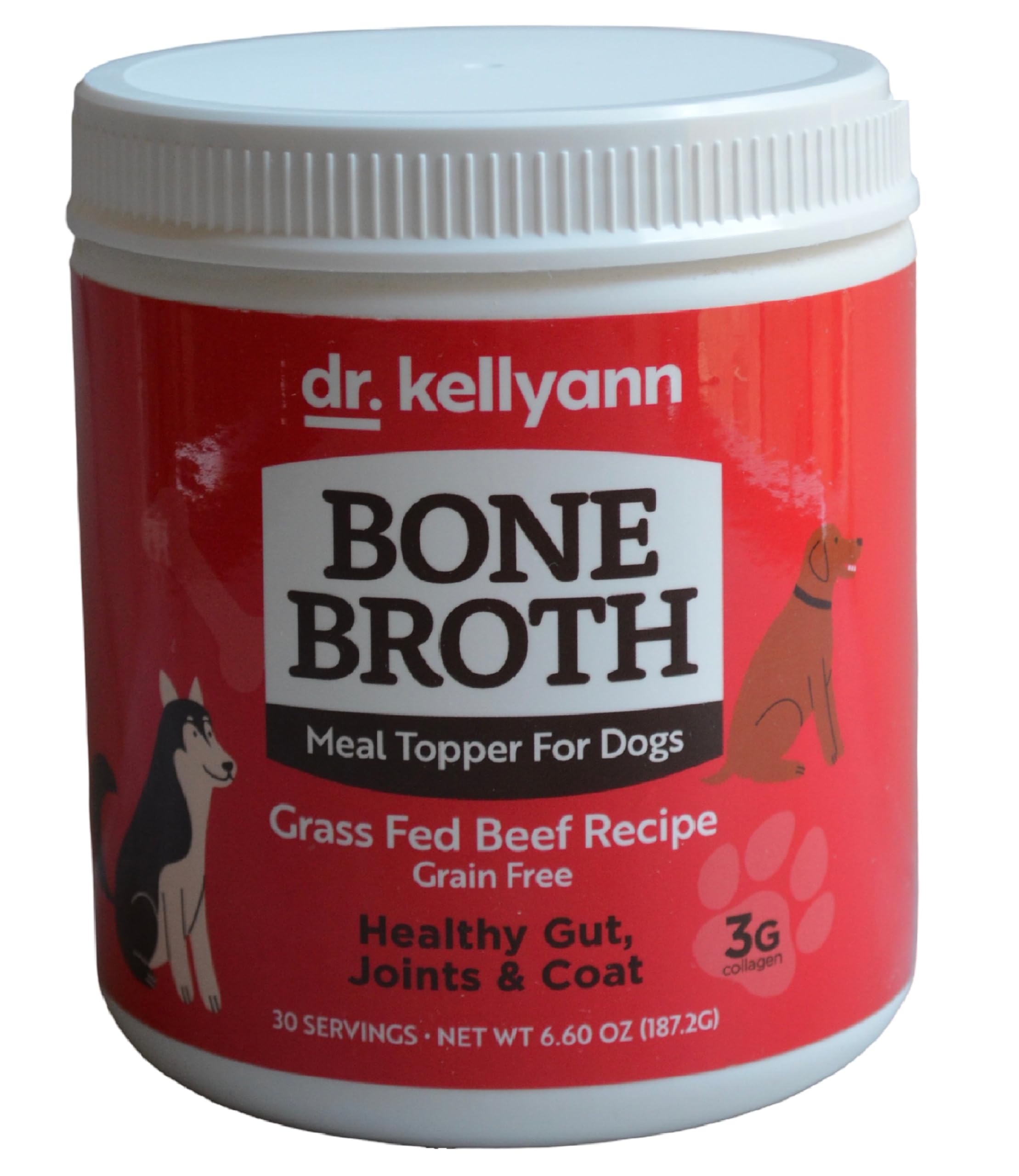 Dr. Kellyann Bone Broth Meal Topper jar for dogs promoting coat shine and digestion.