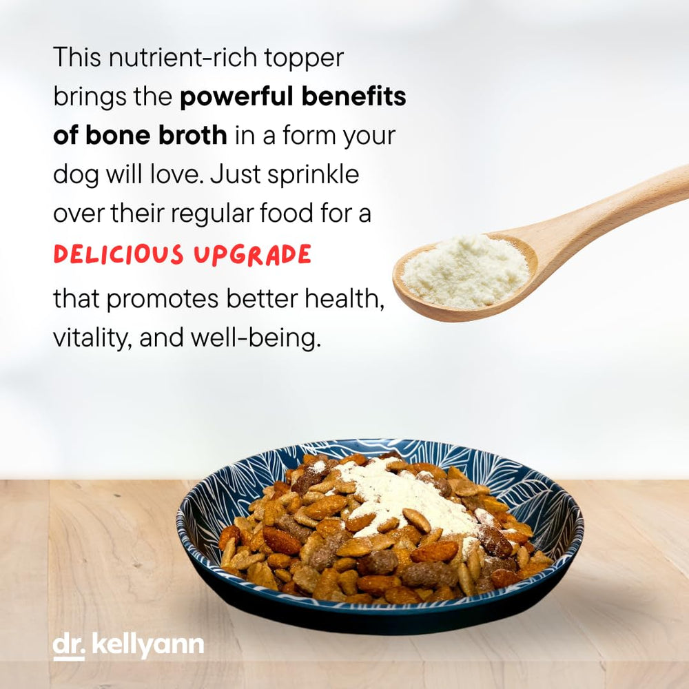 Dr. Kellyann Bone Broth Meal Topper being poured to top dog meals.