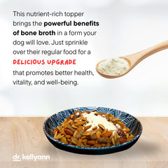Dr. Kellyann Bone Broth Meal Topper being poured to top dog meals.