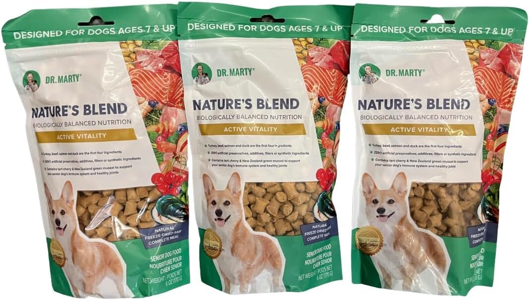 Dr. Marty Nature's Blend Active Vitality freeze-dried dog food—high-protein daily energy support.