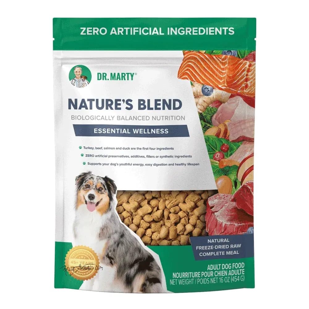 Dr. Marty Nature's Blend packaging highlights 18 oz set for easy all-life-stages feeding.