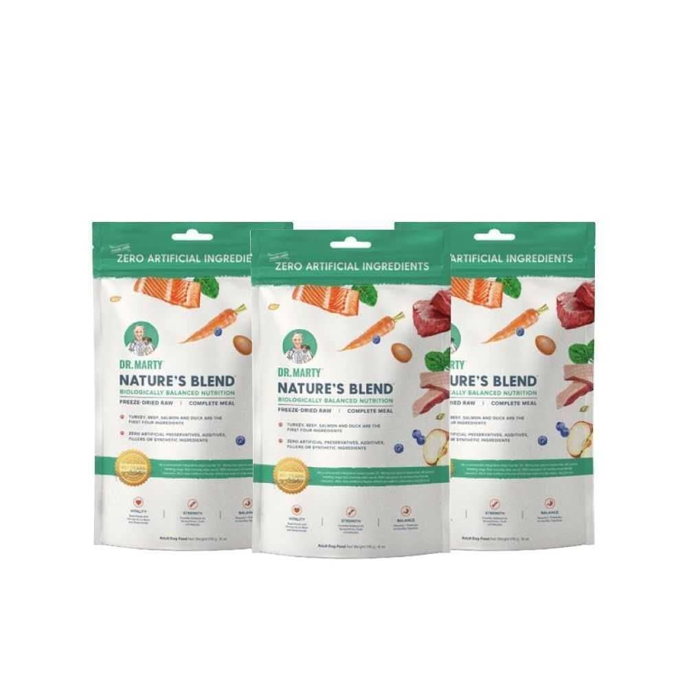 Dr. Marty Nature's Blend freeze-dried raw dog food 18 oz bag supports general nutrition for adult dogs.