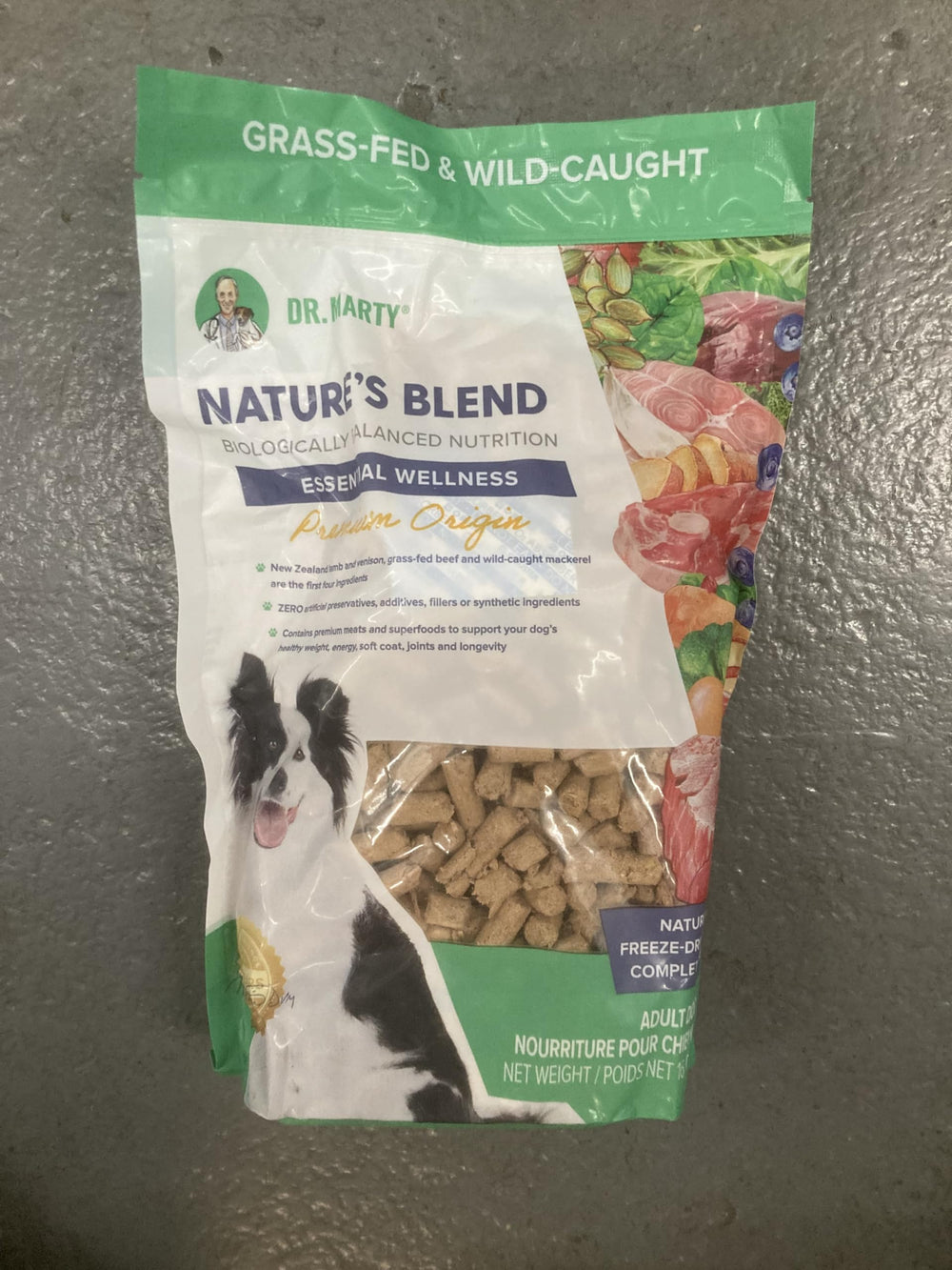 Dr. Marty Nature's Blend freeze-dried dog food bag shows premium ingredients for vitality