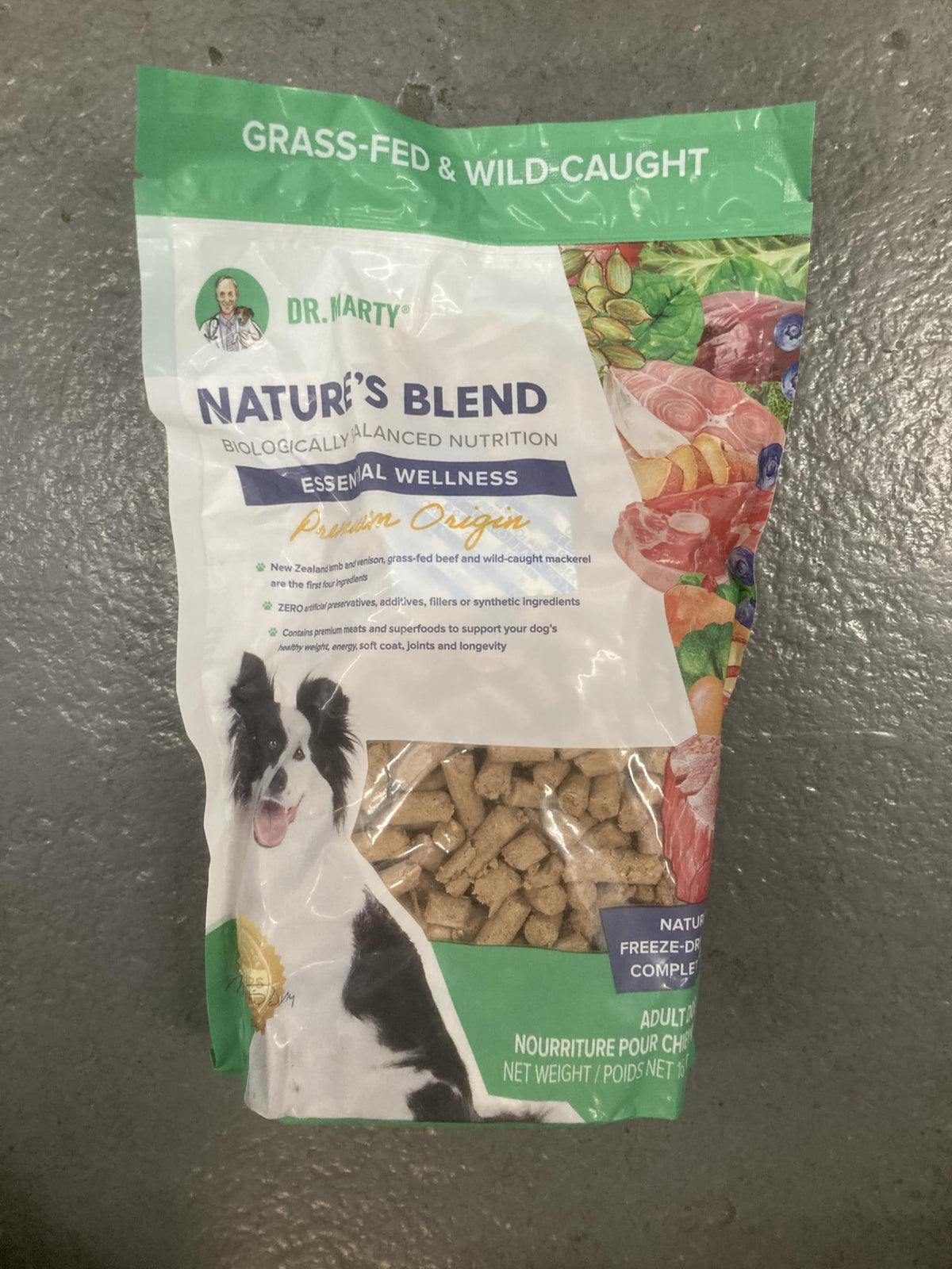 Dr. Marty Nature's Blend freeze-dried dog food bag shows premium ingredients for vitality