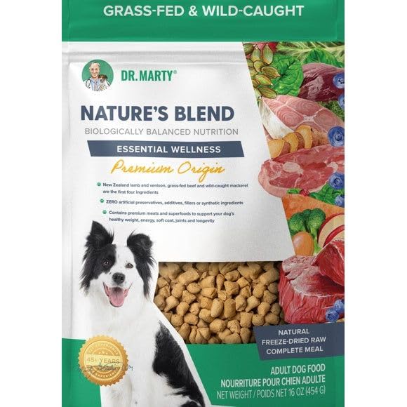 Dr. Marty Nature's Blend packaging close-up highlighting protein-rich, freeze-dried raw dog food for active dogs