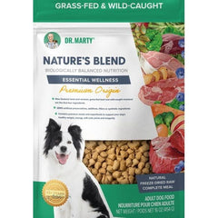 Dr. Marty Nature's Blend packaging close-up highlighting protein-rich, freeze-dried raw dog food for active dogs