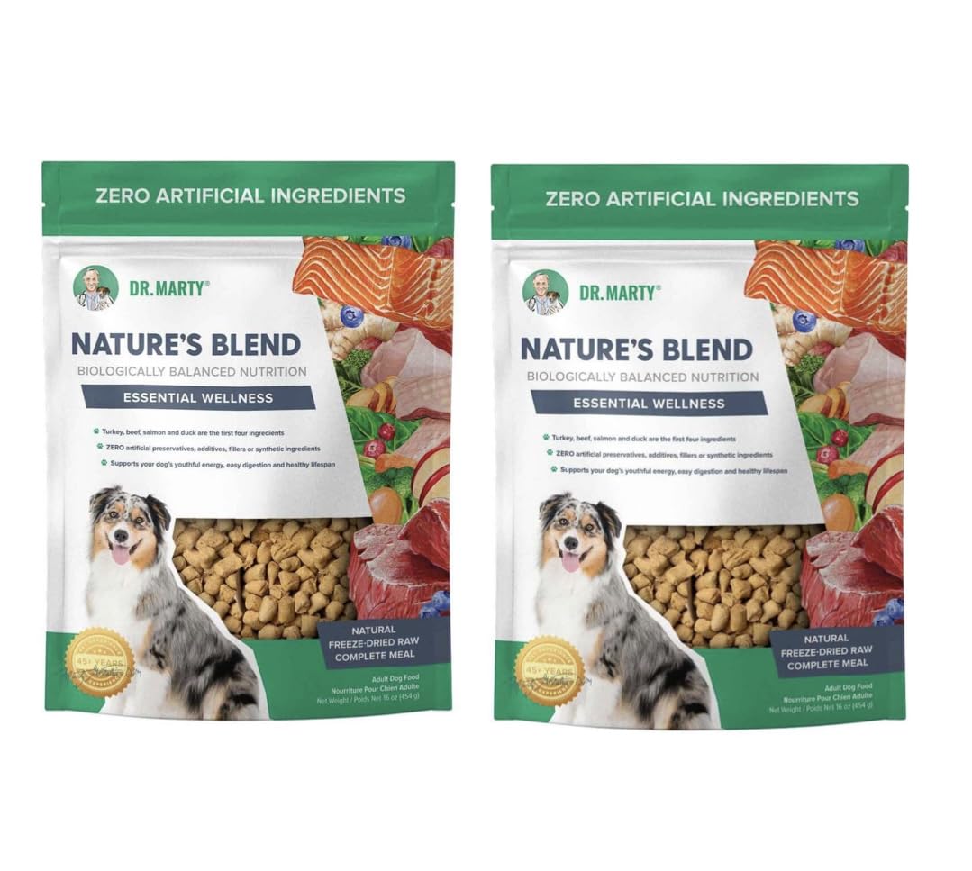 Dr. Marty Nature's Blend packaging image shows freeze-dried dog food 16 oz two-pack for convenient feeding.