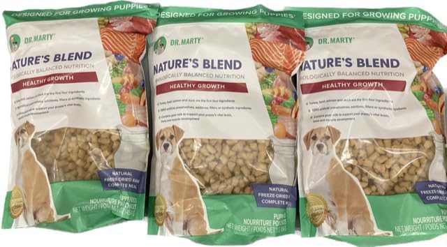 Dr. Marty Nature's Blend Puppies Freeze-Dried Raw Dog Food 48 oz, shown in resealable packaging for easy feeding.