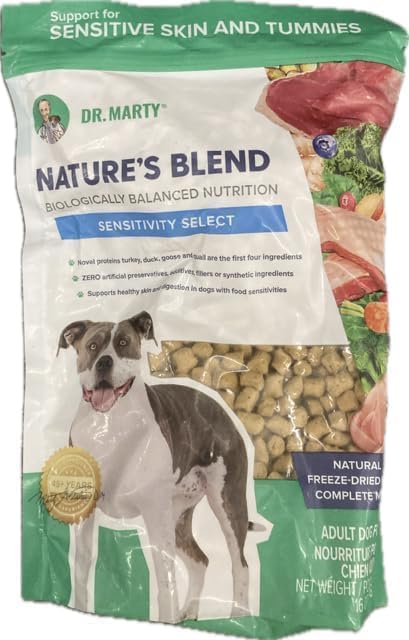 Dr. Marty Nature's Blend Sensitivity Select freeze-dried dog food in a bowl for sensitive stomachs.