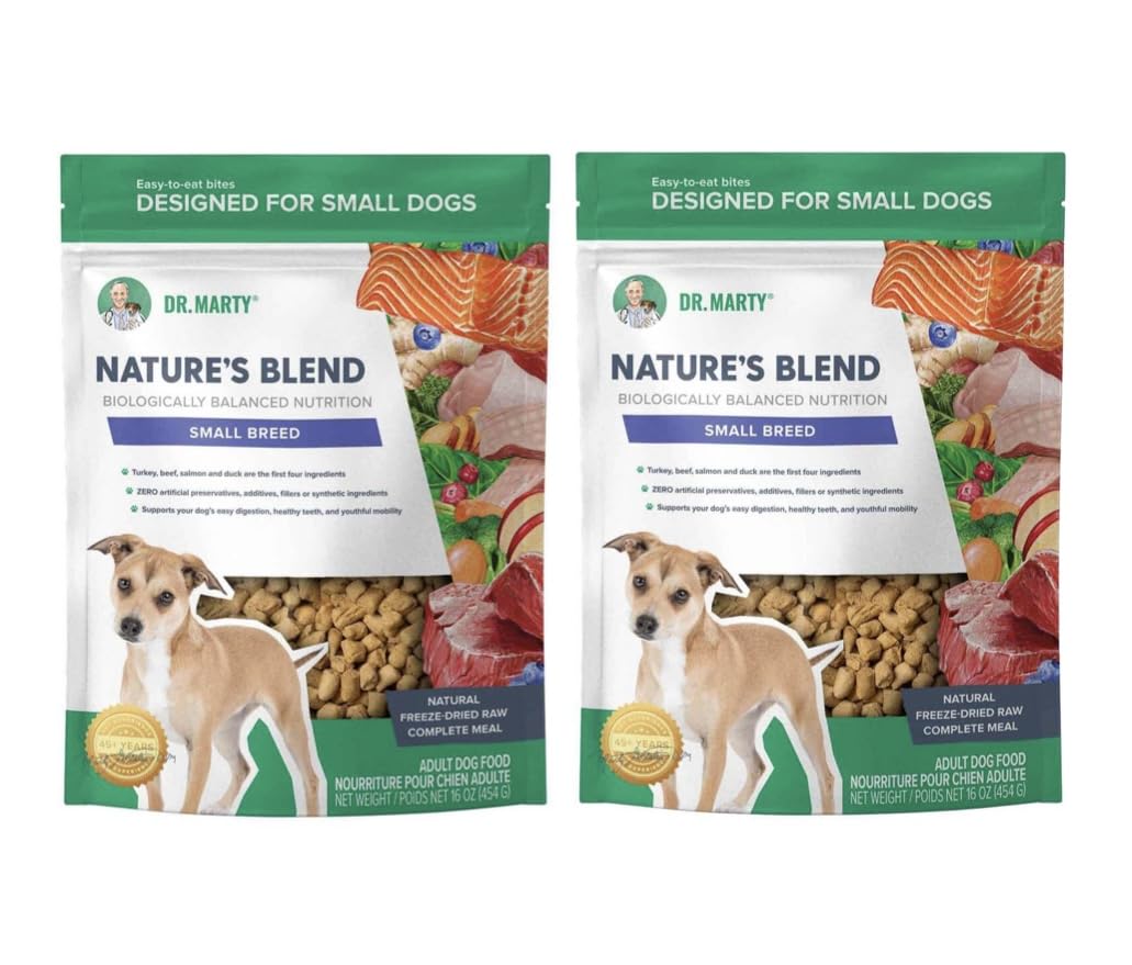 Dr. Marty Nature's Blend small-breed freeze-dried dog food ready to rehydrate for easy, nutritious meals.