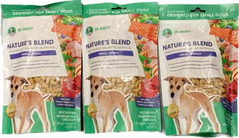 Dr. Marty Nature's Blend small-breed freeze-dried raw dog food in 18 oz packaging, convenient 3-pack.