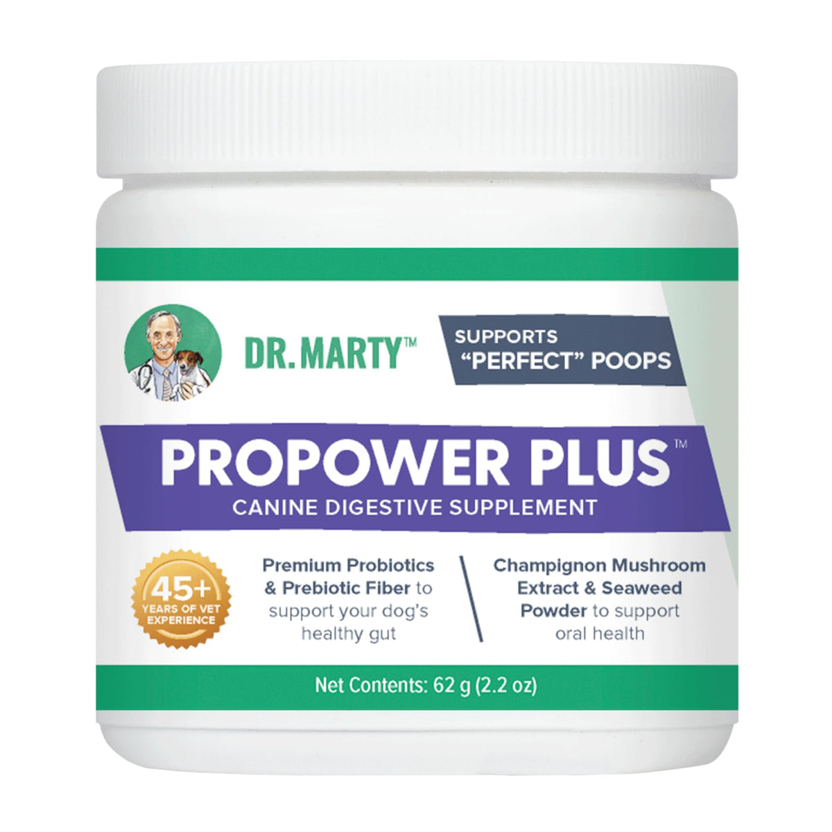 Dr. Marty ProPower Plus gut health powder jar shown for gentle digestion support.