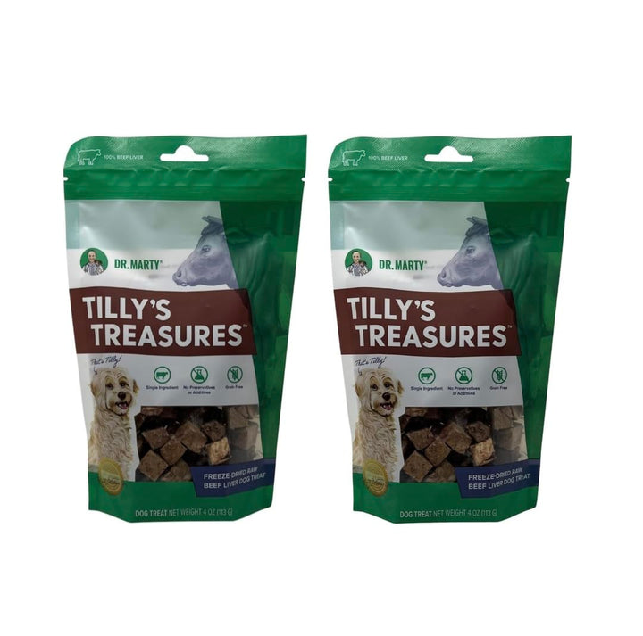 Dr. Marty Tilly's Treasures Beef Liver Dog Treats in 4 oz packs for training rewards.