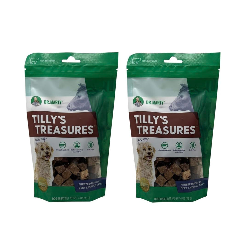 Dr. Marty Tilly's Treasures Beef Liver Dog Treats in 4 oz packs for training rewards.