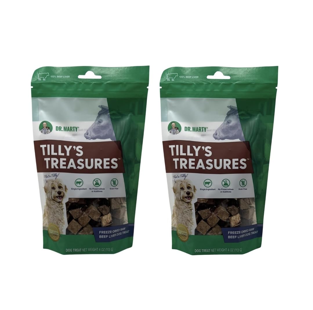 Dr. Marty Tilly's Treasures Beef Liver Dog Treats in 4 oz packs for training rewards.