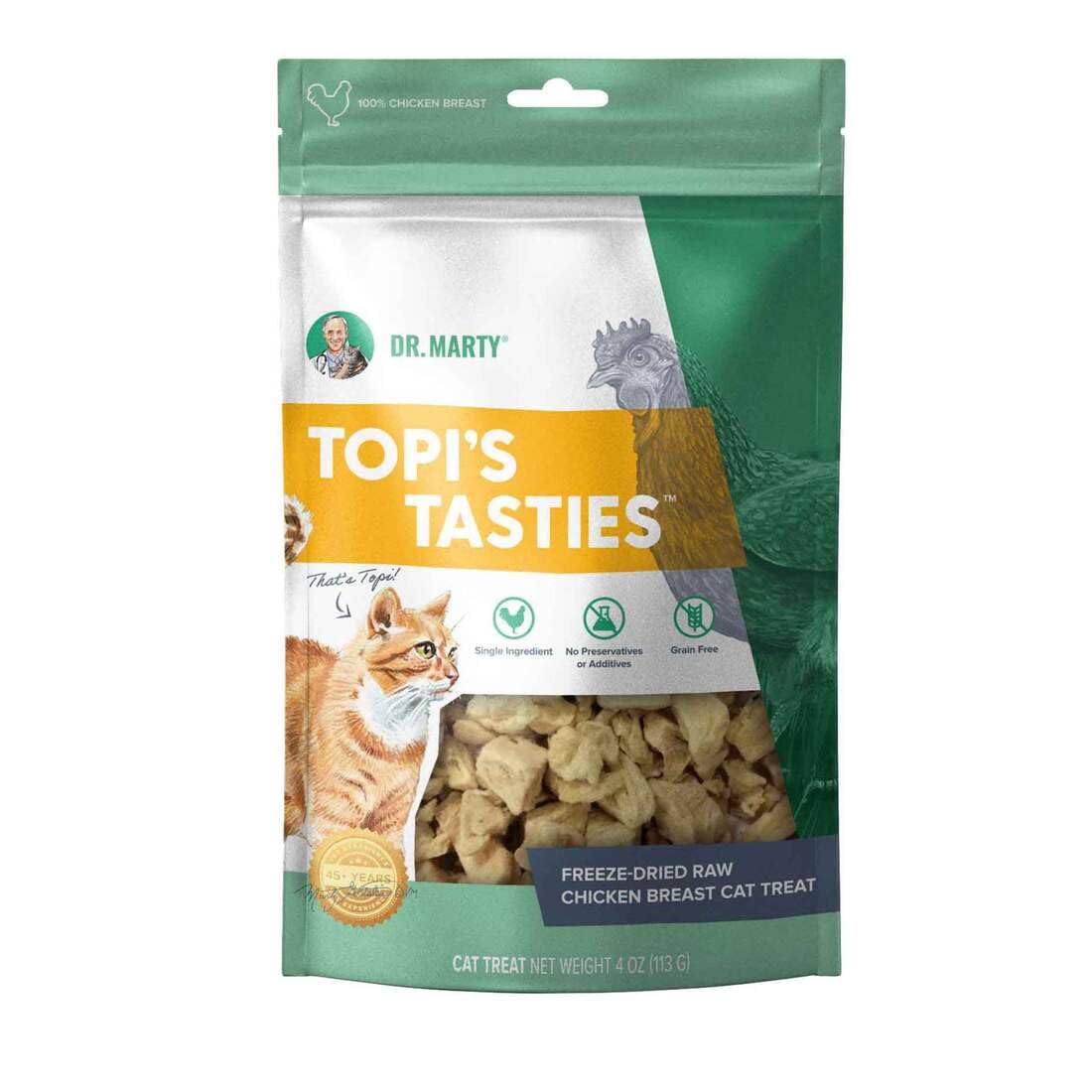 Dr. Marty Topi's Tasties freeze-dried chicken cat treat provides a protein-rich snack.