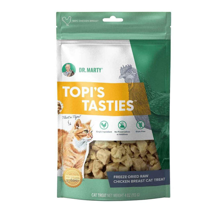 Dr. Marty Topi's Tasties freeze-dried chicken cat treat provides a protein-rich snack.
