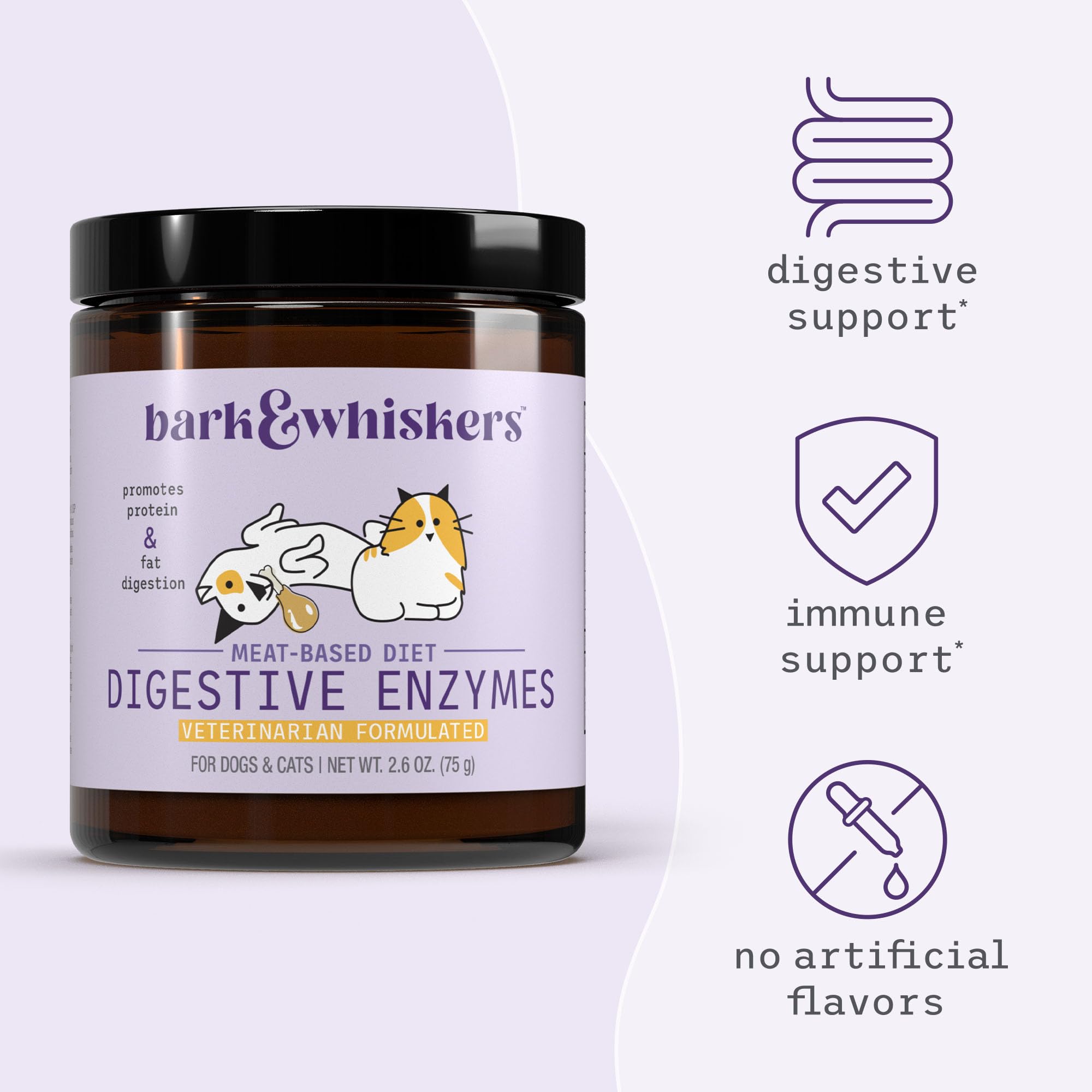 Dr. Mercola Bark & Whiskers enzyme bottle beside meals highlights convenience