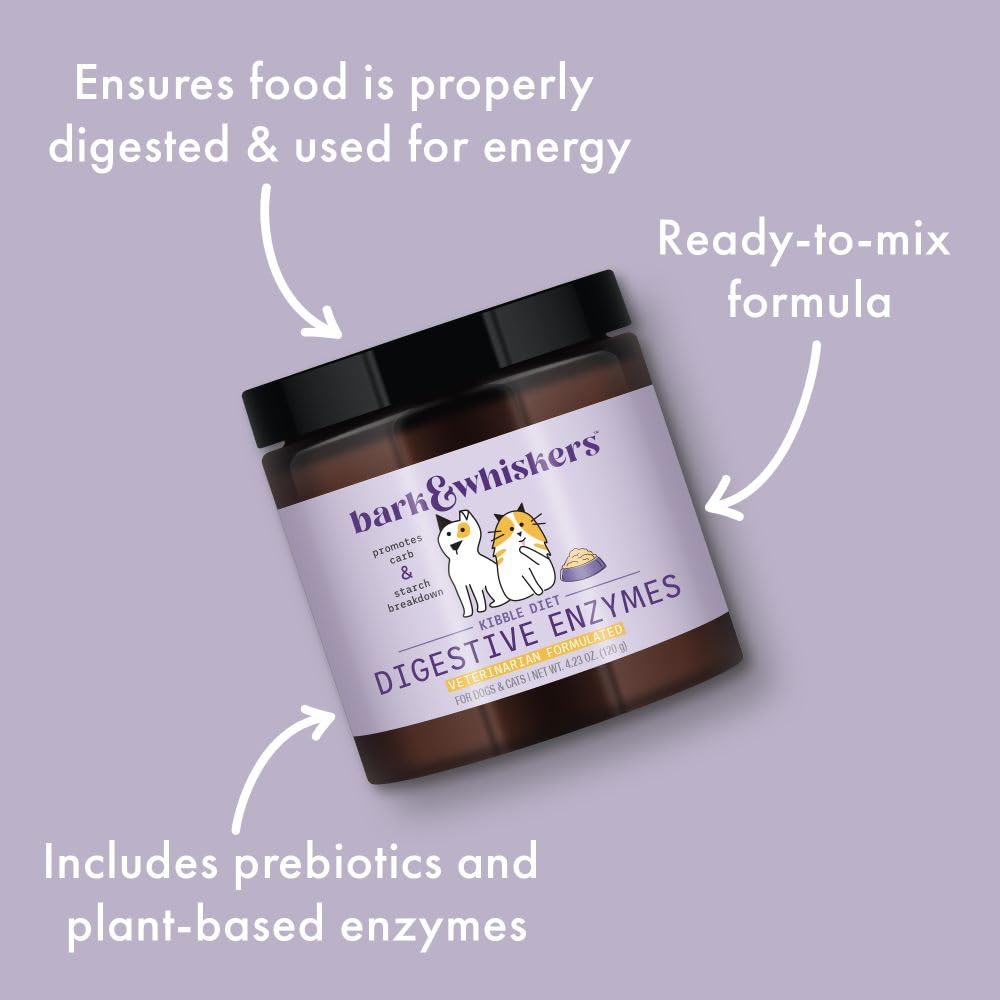 Kibble and digestion scene featuring Bark & Whiskers enzymes