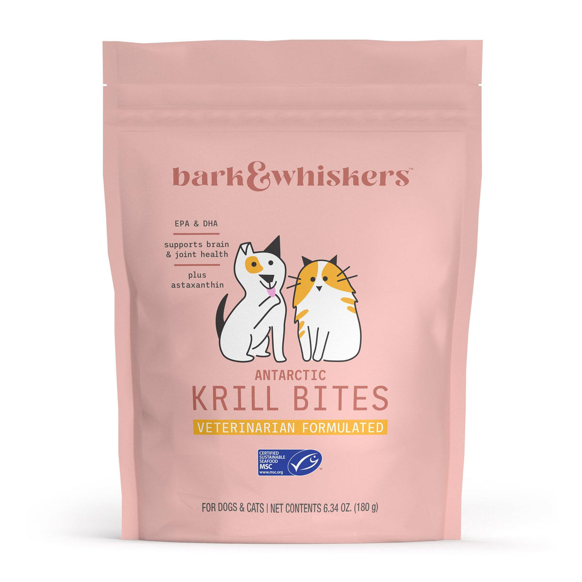 Dr Mercola Bark & Whiskers Krill Bites packaging highlighting omega-3 rich pet treats