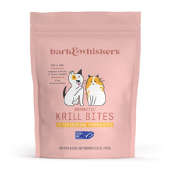 Dr Mercola Bark & Whiskers Krill Bites packaging highlighting omega-3 rich pet treats