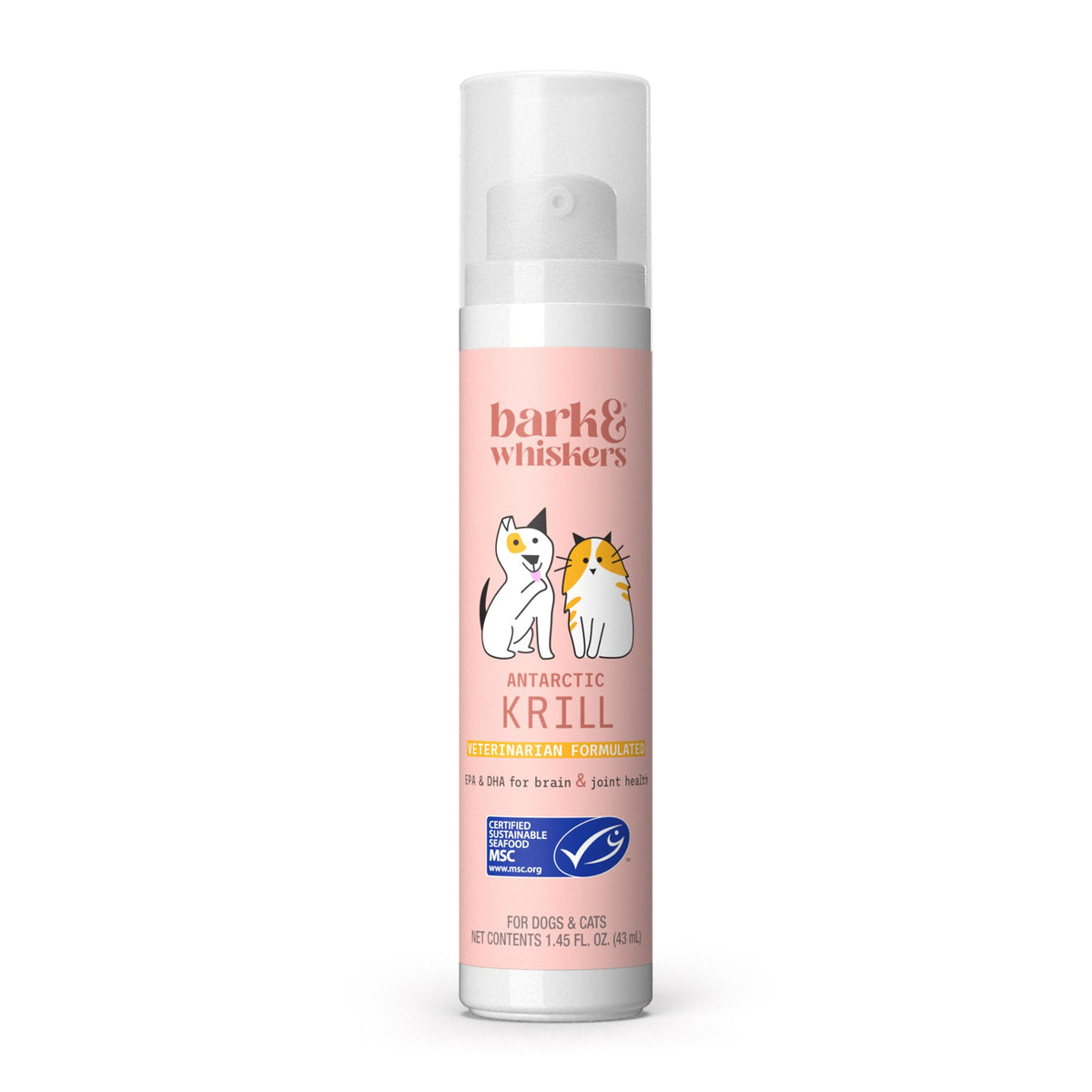 Dr Mercola Bark and Whiskers krill oil pump bottle supports healthier pet skin.