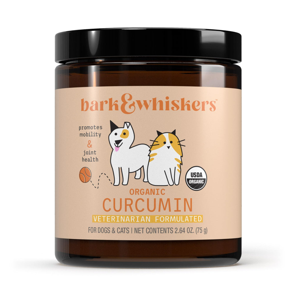 Dr. Mercola Bark & Whiskers Organic Curcumin bottle for pet mobility support.