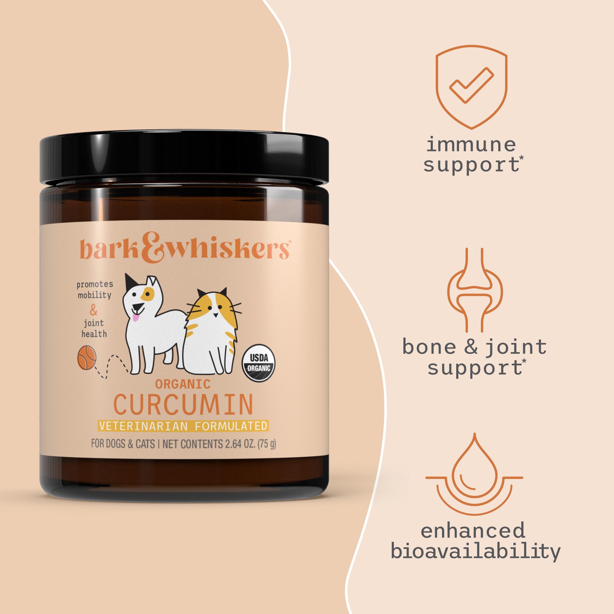 Dr. Mercola Bark & Whiskers Organic Curcumin label highlights USDA Organic and non-GMO status.