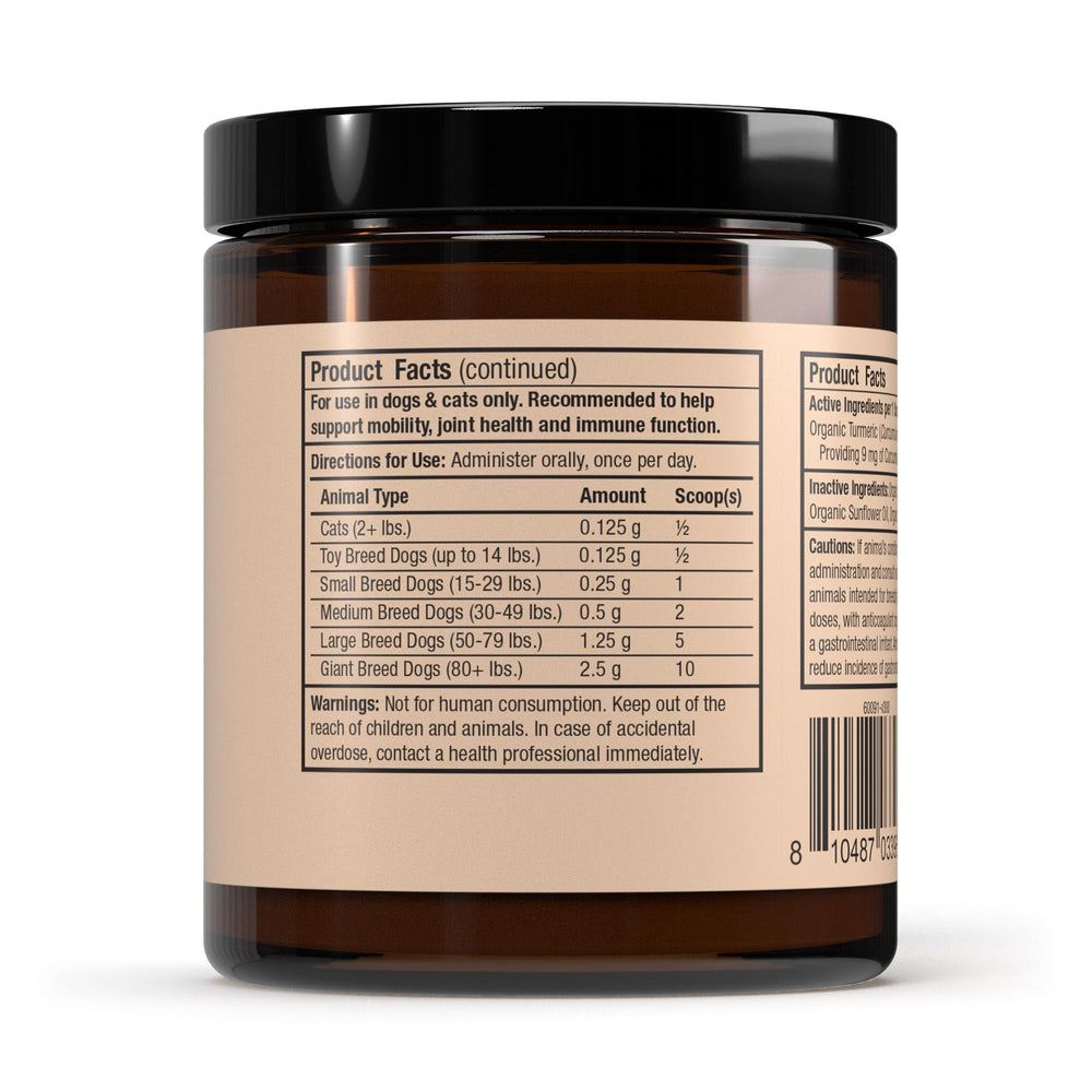 Dr. Mercola Bark & Whiskers Organic Curcumin powder close-up with fine micronized texture.