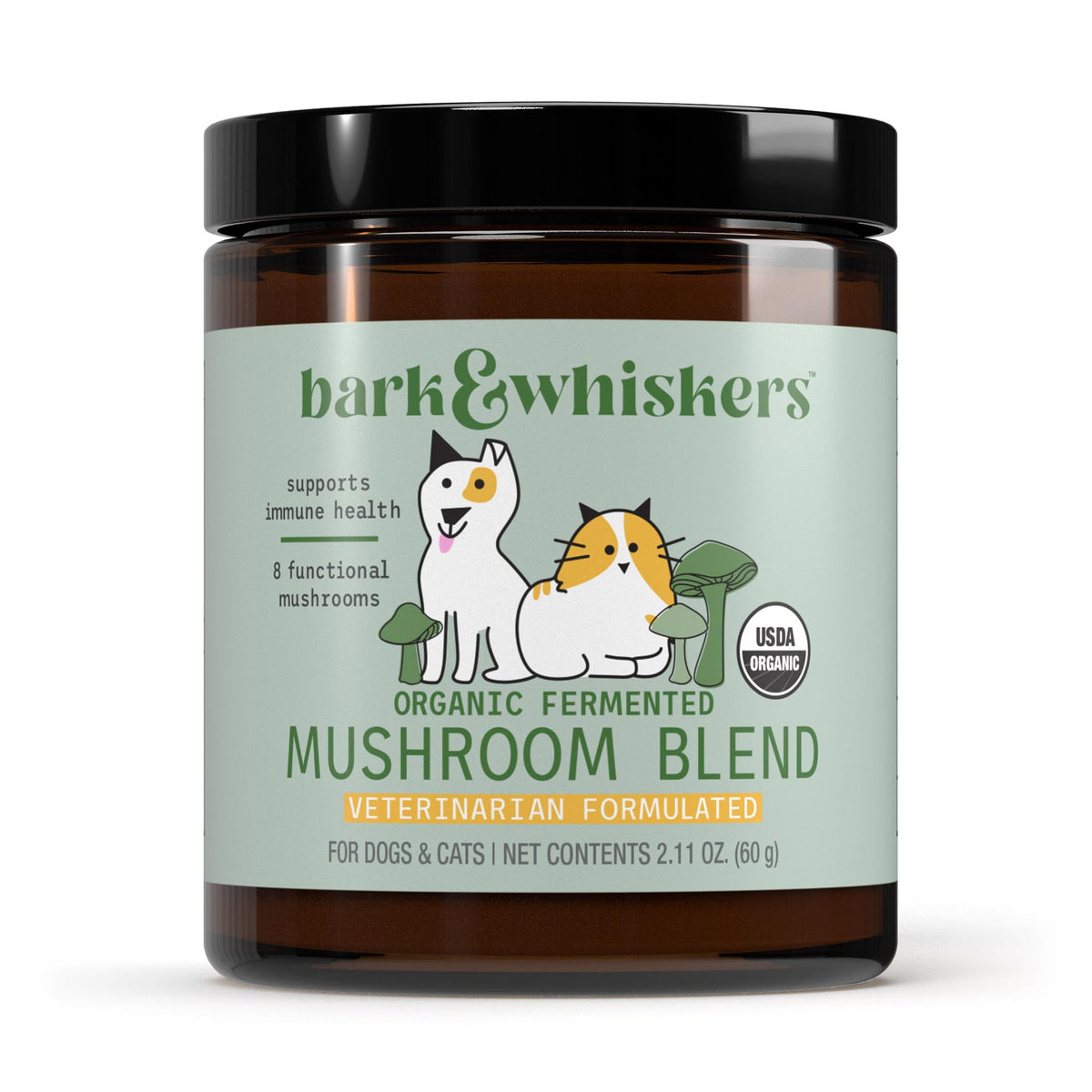 Dr. Mercola Bark & Whiskers organic fermented mushroom blend bottle for immune support.