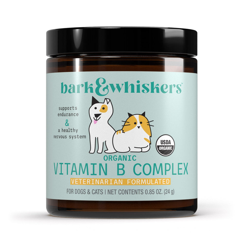Dr. Mercola Bark & Whiskers organic vitamin B complex bottle for pets' energy