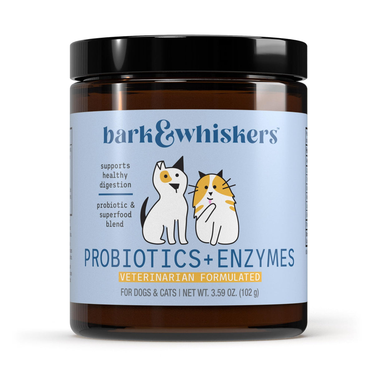 Dr. Mercola Bark & Whiskers bottle front promoting daily digestive support for pets.