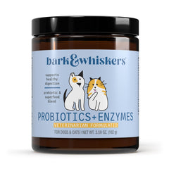 Dr. Mercola Bark & Whiskers bottle front promoting daily digestive support for pets.
