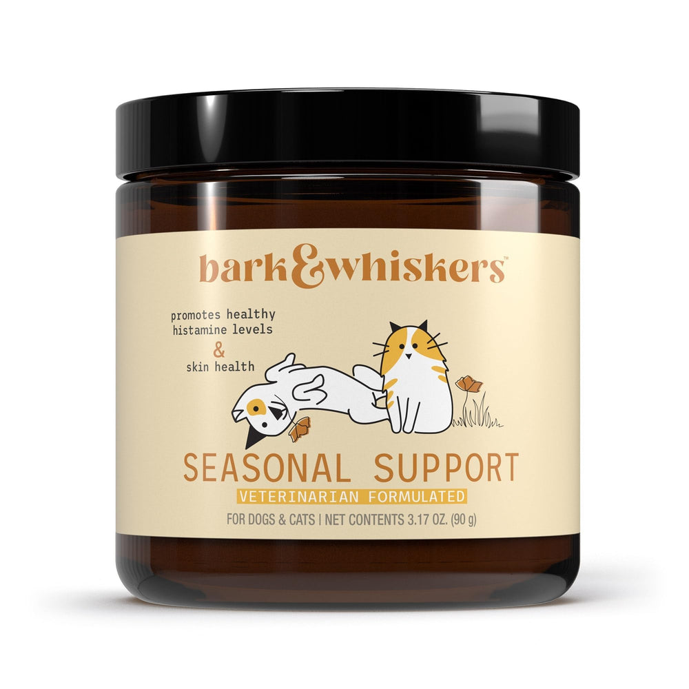 Dr. Mercola Bark & Whiskers Seasonal Support tub label for pet immune health.